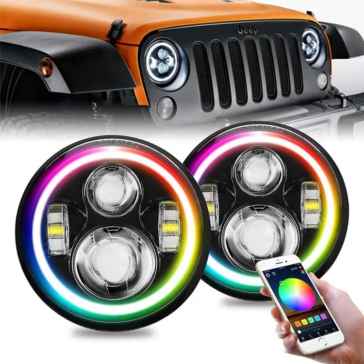 DOT 100W 7 "Đèn Pha Với RGB/Chasing Đôi Mắt Thiên Thần Halo Vòng Bằng Cách ỨNG DỤNG Điều Khiển Cho Wrangler CJ off road 7 Inch Vòng LED Đèn Pha Đèn Pha