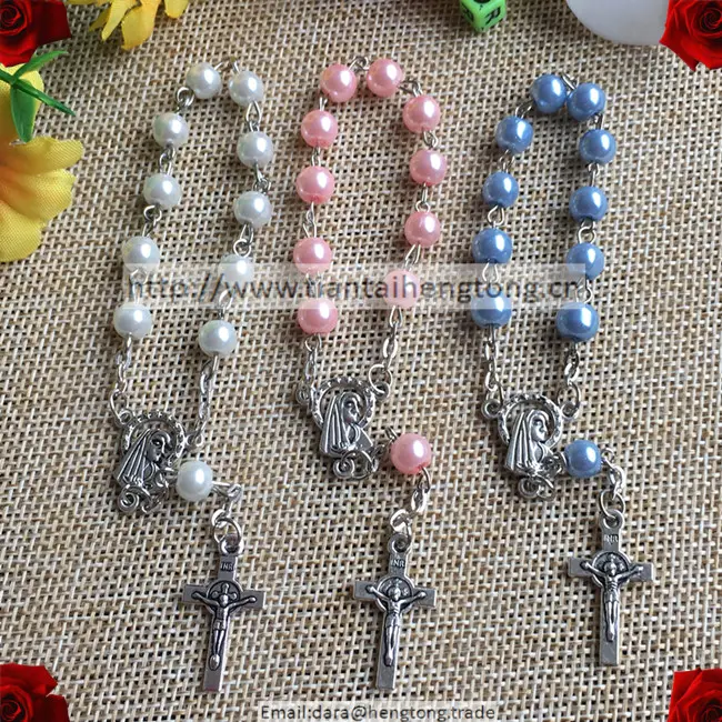6mm glass faux pearl rosario braccialetto, pearl bracciali con AVE Maria centro e mini benedetto croce