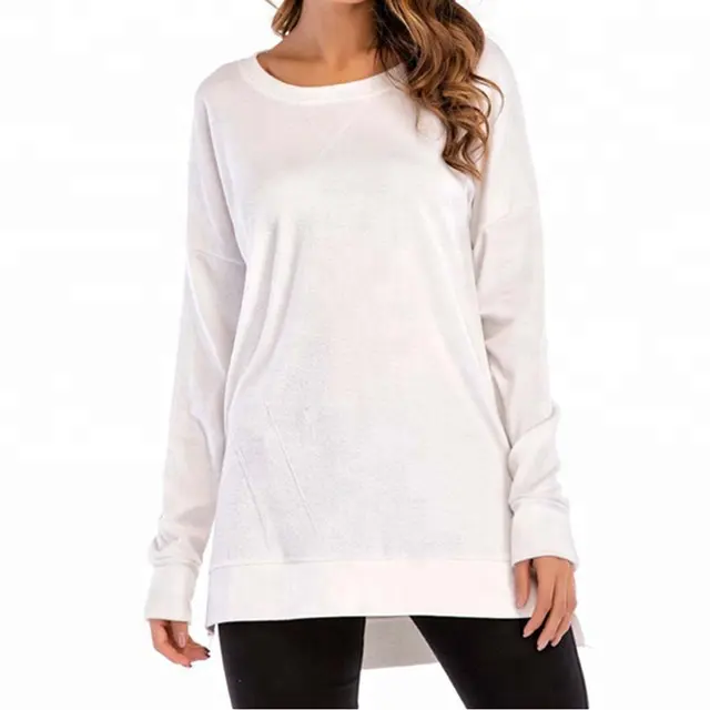 Toptan sıcak satış kadın uzun kollu kısa ön ve arkada uzun T-shirt o-boyun boş pamuklu sweatshirt tunik üstleri