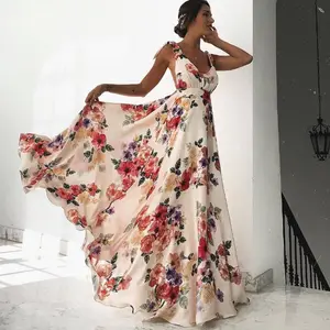 Вечерние платья с открытой спиной в стиле бохо, женское винтажное платье макси с V-образным вырезом, длинным рукавом и цветочным принтом YY10148