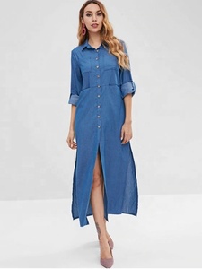 KY Lady Loose Fit Largo hasta el tobillo Manga larga Bolsillos Abertura lateral <span class=keywords><strong>Camisa</strong></span> con botones Vestido <span class=keywords><strong>de</strong></span> mezclilla <span class=keywords><strong>azul</strong></span> - Product Image 2
