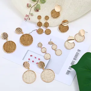 Korea Double Round Latest Geometric Weave Straw Earrings Electroplate Metal Woven Rattan Geometric Round Earring