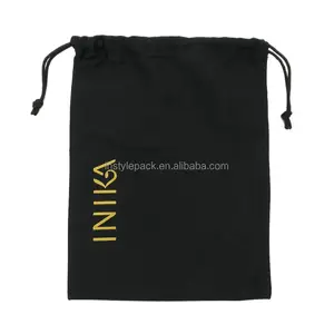 Custom Printed Recycled Twill canvas cotton drawstring bag black with drawstring