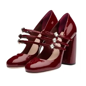 Zapatos de vestir con tacón grueso y punta redonda para mujer, Sandalias de tacón alto con correa de cuero brillante, nuevo diseño de moda