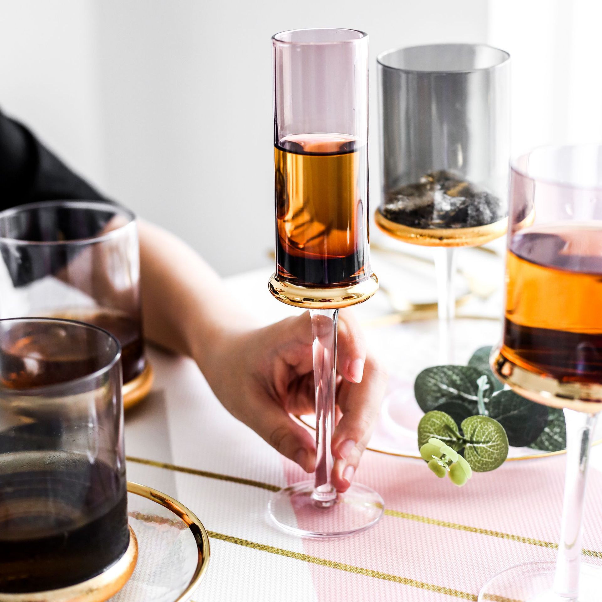 Hand Blown Crystal Wine Glasses  Gold Rim Grey Colored Wine Glass Champagne glass