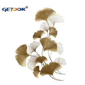 Home Metal Wall Decor Golden Ginkgo Leaf Wall Hanging Decor with Frame Golden Art Wall Sculpture for Living Room, Office,