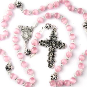 8mm 핑크 컬러 고양이 눈 구슬과 아연 합금 크로스 영광 비즈 로즈 십자가 소녀 - Product Image 4