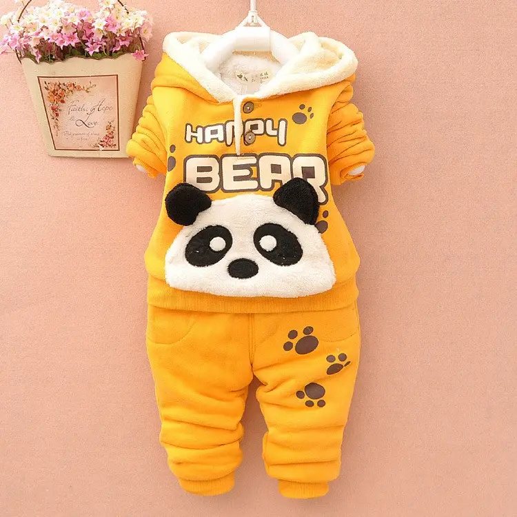 Bear cartoon fleeced hoodie 2pcs suit boy removing winter girl boutique clothes