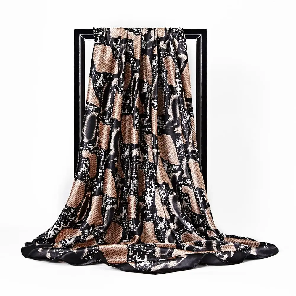 Элегантный большой квадратный шелковый шарф для женщин 90*90 см, модный весенне-осенний шарф из змеиной кожи с леопардовым принтом, платки из полиэстера и шелка