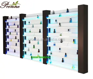 Personalizado salón de belleza uñas largas polaco rack de montaje en pared con iluminación