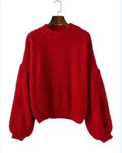 Autumn Winter Latest Women knitted Sweater Cozy Long Lantern Sleeve Jumper Pullover