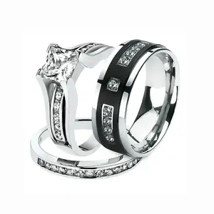 Hot Sale customized couple lovers Silver and Stainless steel or Titanium Engagement and Wedding Ring Set