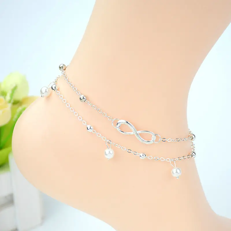 Wholesale Gold Plated Chain Pearl Infinity Ankle Bracelets Fashion Foot Jewelry Silver Boho Anklets for Women and Girls