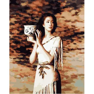 Peinture à l'huile fille beauté asiatique tenant un pot en argile Kits de peinture à l'huile par numéros Décoration intérieure Cadeau unique