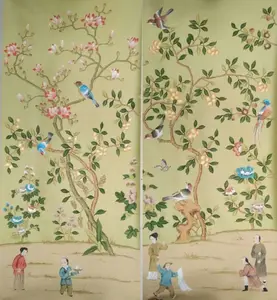 可用股票独特的天然丝绸手绘 Chinoiserie 墙纸出售