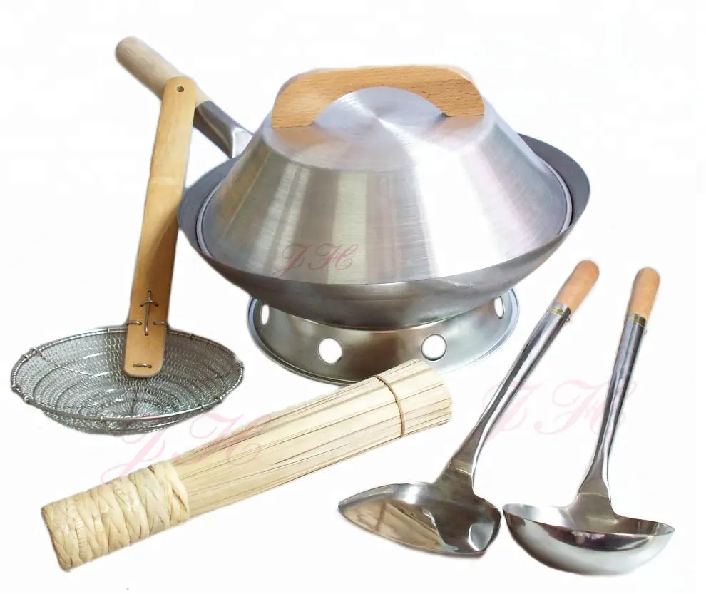 Colador de malla de alambre de acero inoxidable, serie de herramientas de cocina, cepillo wok de Bambú