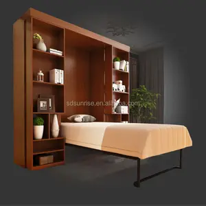 Moderno multi-função de cereja cor de parede escondida cama cama com deslizante estante invisível