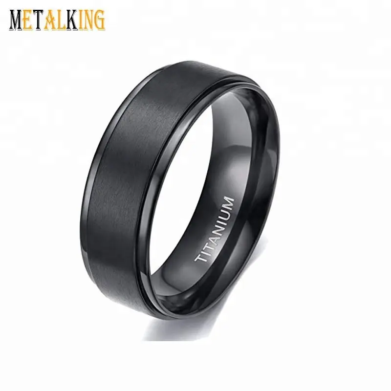 Mens Womens Classic Brushed Titanium Wedding Rings Black Band in Comfort Fit Step Edges 6mm8mm