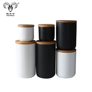 wholesale black white ceramic storage canister sets with bamboo cover