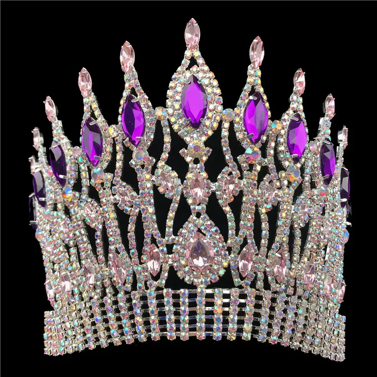6インチCustom Crown Purple AB Rhinestone Pageant Crowns Crystal調整Band Tiara
