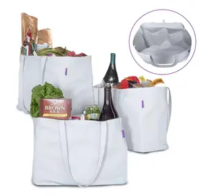 Reusable Custom Logo Printed Grocery Shopping Tote Canvas Cotton Grain Bag With 6 Interior Panels