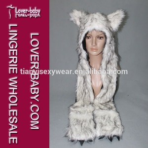 Show your wild Side white and gray plush wolf faux fur hood animal hat - Product Image 1