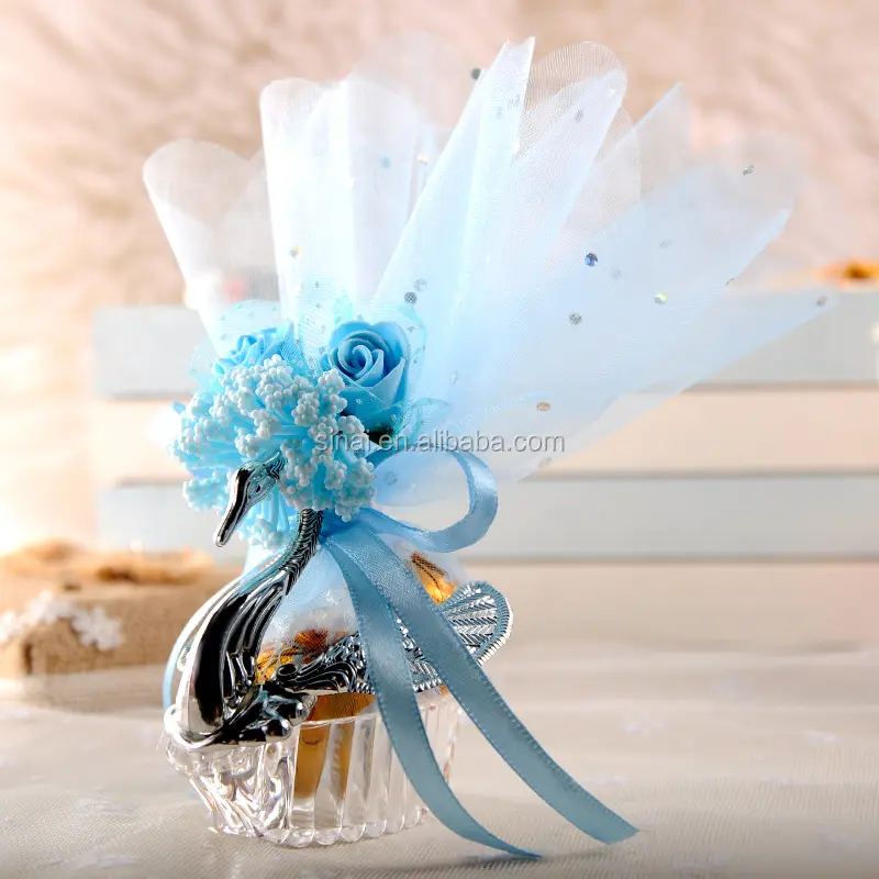 Kotak Permen Angsa Kecil Kreatif Dekorasi Pita Organza Bunga Biru