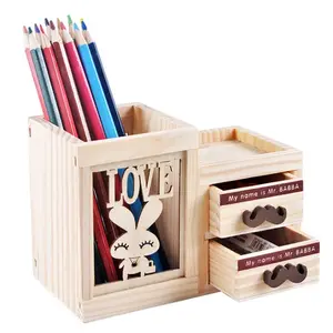 Modieuze Creative Hollow Lade Desktop Houten Opbergdoos Pen Box Office Briefpapier Houten Etui Houten Pen Houder