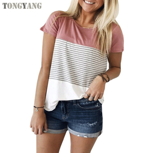 TONGYANGレディーストップス半袖ラウンドネックトリプルカラーブロックストライプTシャツカジュアルブラウス - Product Image 4