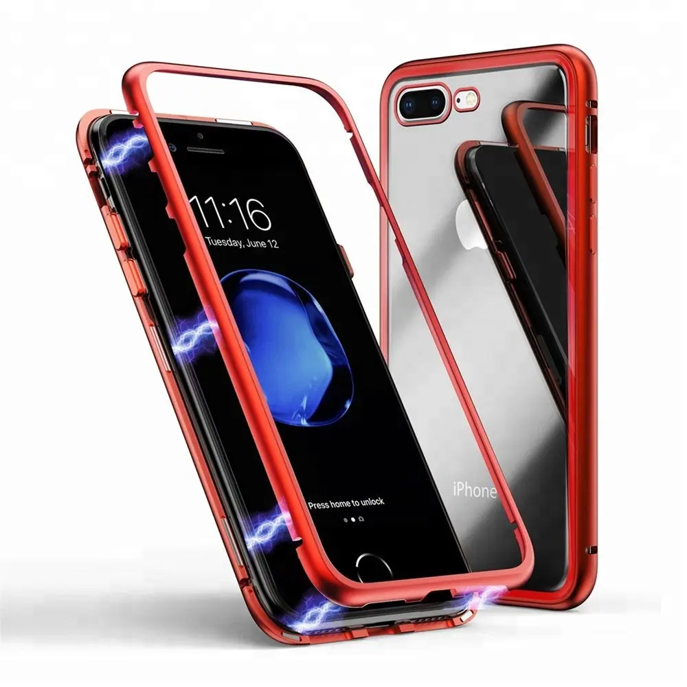 For iPhone 7 Case Ultra Slim Metal Frame Tempered Glass Cover Magnetic Phone Case