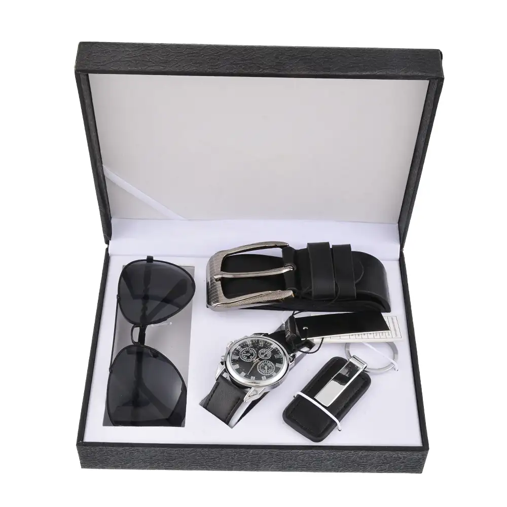 2021 Mannen Horloge Set Gift Sunglass Meerdere Tijdzone Polshorloge Sleutelhanger Pu Riem Luxe Zakelijke Reloj Hombre Geschenken