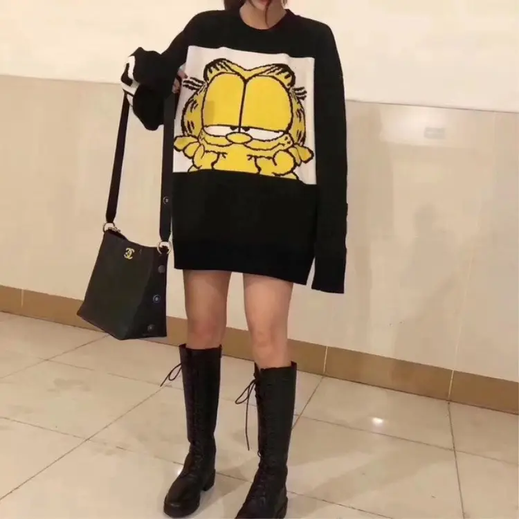 2019 high street crew neck long sleeve cartoon knitting pattern quality lady loose thick sweater woman fashion pullover jumpers