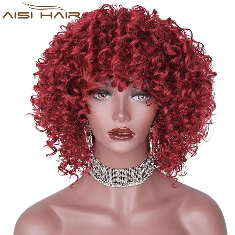 Aisi Haar Top Selling Korte Afro Krullend Stijl Pruik Wijn Rode Kleur Fiber Synthetische Pruiken Voor Vrouwen Cosplay Pruik