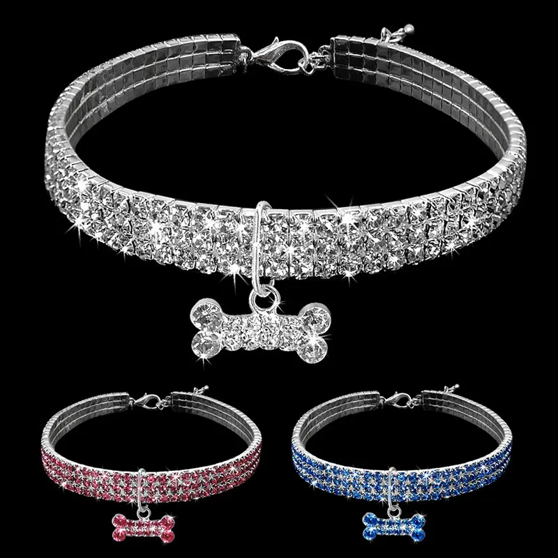 Bling Rhinestone Dog Bone Collar Crystal Puppy Chihuahua Dog Cat Necklace Accessories Pet Supplies