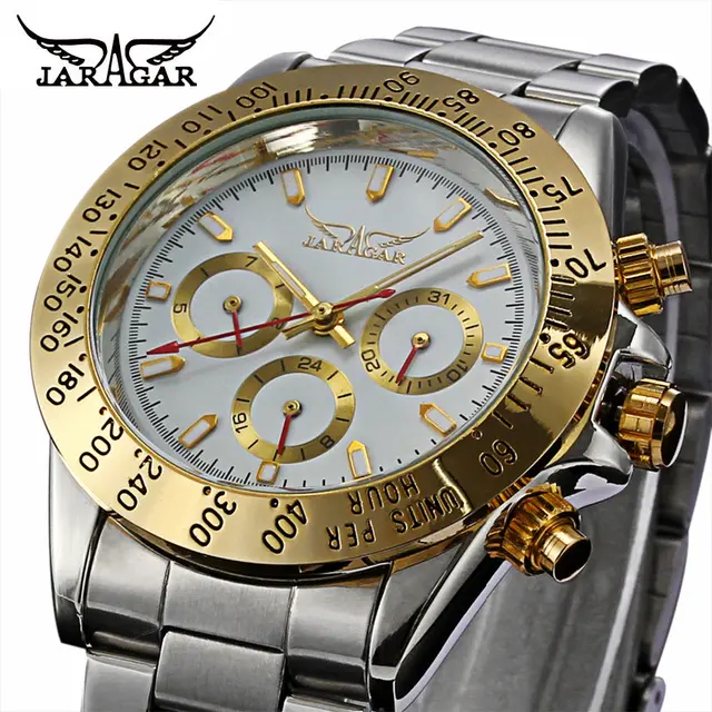 Jaragar Golden Bezel 3 Dial Display 2022 Luxury Series Mens Watches Top Brand Luxury Automatic Fashion Mens Mechanical Watch