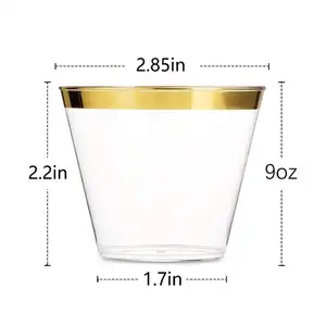 100 Paquete de 9 Oz borde de oro vasos de plástico transparente antigua vasos oro Rimmed tazas elegante desechables boda tazas