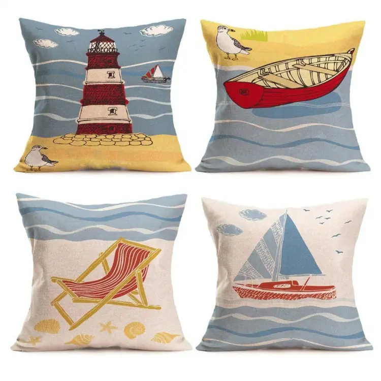 Beach Pillow Covers Cotton Linen Coastal Throw Pillowcases Sea Theme Cushion Cover 18 x 18 inch, Home Decor