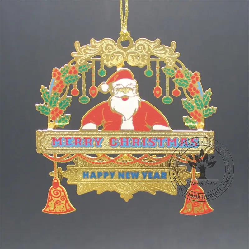 low price customized golden plated cute colorful Santa Xmas ornaments metal Christmas gifts wholesale