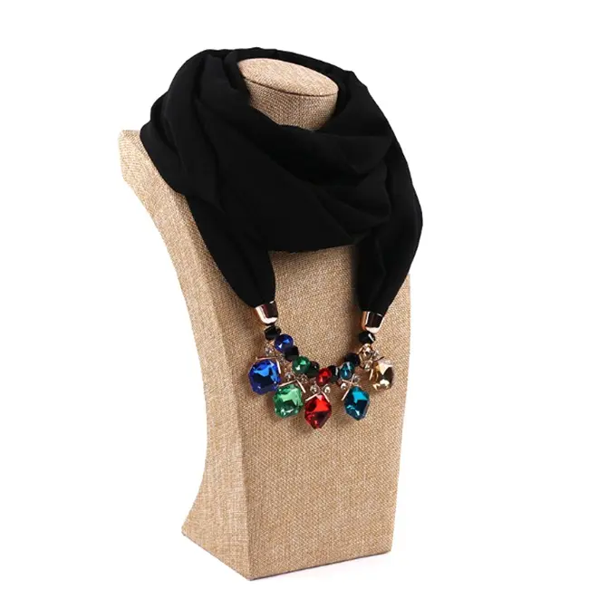 2019 June New Design Fashion Elegant Pendant Chiffon Necklace Scarf With Colored Beads Jewelry