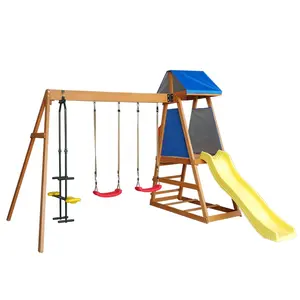 Luxe kids log swing set playhouse met glijbaan houten