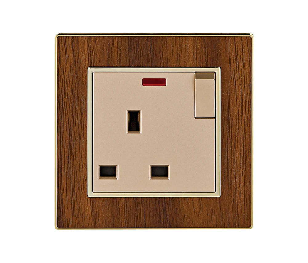 China Manufacturer UK Standard Wood Design 250V 13A Electrical Wall Switch Socket With Light