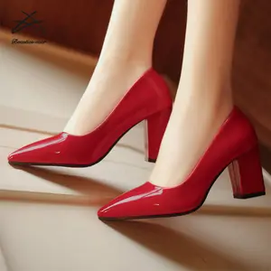 RTS รองเท้าแตะส้นตึกสำหรับผู้หญิง,รองเท้า PU สำหรับใส่ออกงานรองเท้าธุรกิจสีแดงขนาด33-43