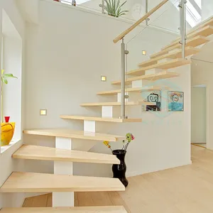 Residential indoor straight mild steel stairs with beech wood treads and glass railing