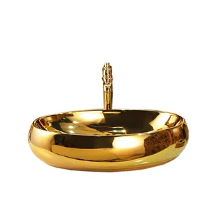 Lavabo de cerámica para baño, bañado en oro, lavado a mano, dorado