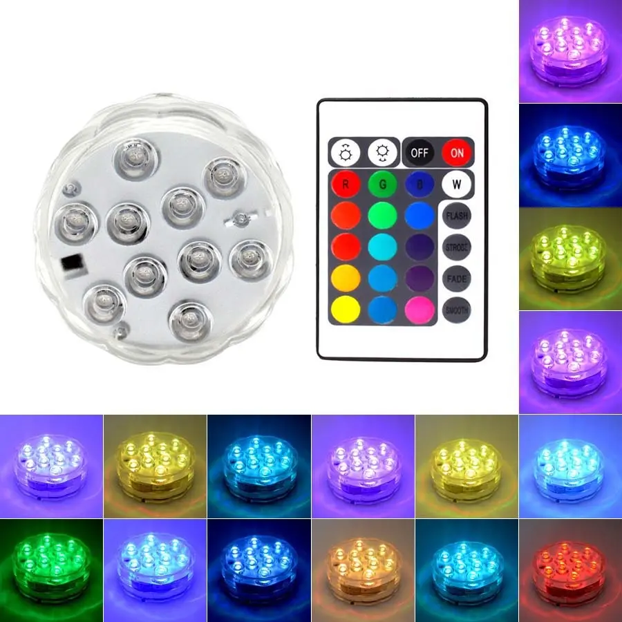 Battery Operated 10LED RGB Underwater Light Submersible Candle Waterproof Swimming Pool Light for Vase Wedding Party