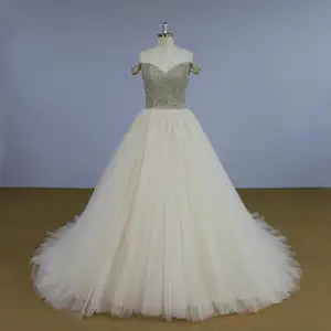 शैम्पेन रंगीन कढ़ाई बंद कंधे राजकुमारी शादी की पोशाक 2018