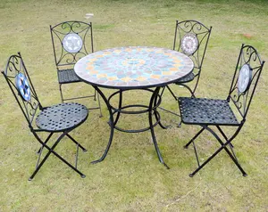 Metal katlanır masa ve sandalye seti açık mozaik çini Bistro masa