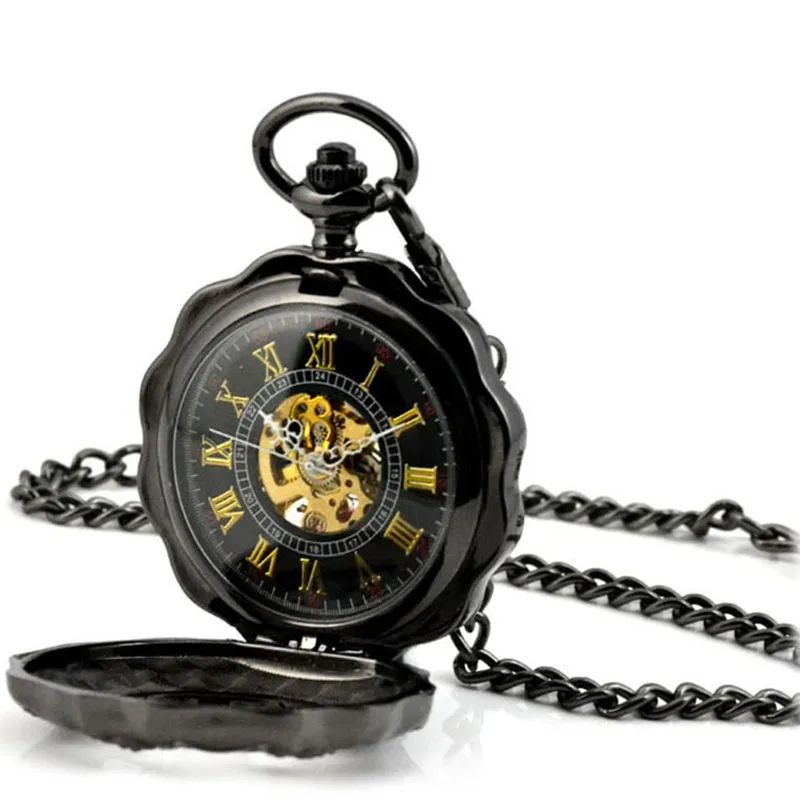 Gli uomini di Lusso Antico Della Collana di Marca Tasca & Fob Orologi Uomo Orologio Nero Steampunk Meccanica di Scheletro Della Vigilanza di Tasca con la catena