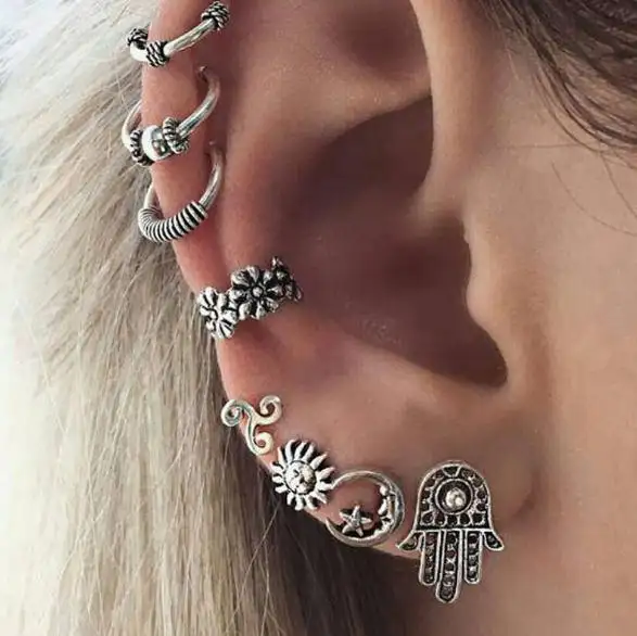 Punk Style Silver Color Earring Sets Ethnic Bohemia Ear Clip Stud Earrings For Women Feather Leaf Owl Earrings Wholesale N95248
