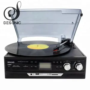 Desonic 3-Speed Vinyl LP Catatan Pemain Pemain Turntable Bt Built-In Speaker Gramophone AM/FM Radio Kaset USB /SD Recorder